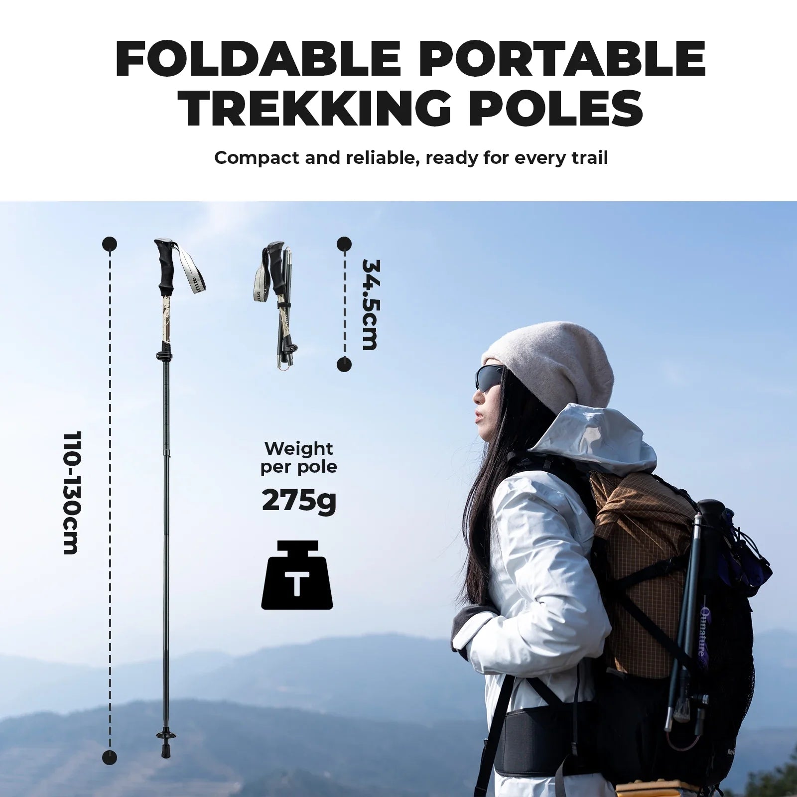 Foldable Lightweight Aluminum Trekking Pole with Adjustable Height and Grip