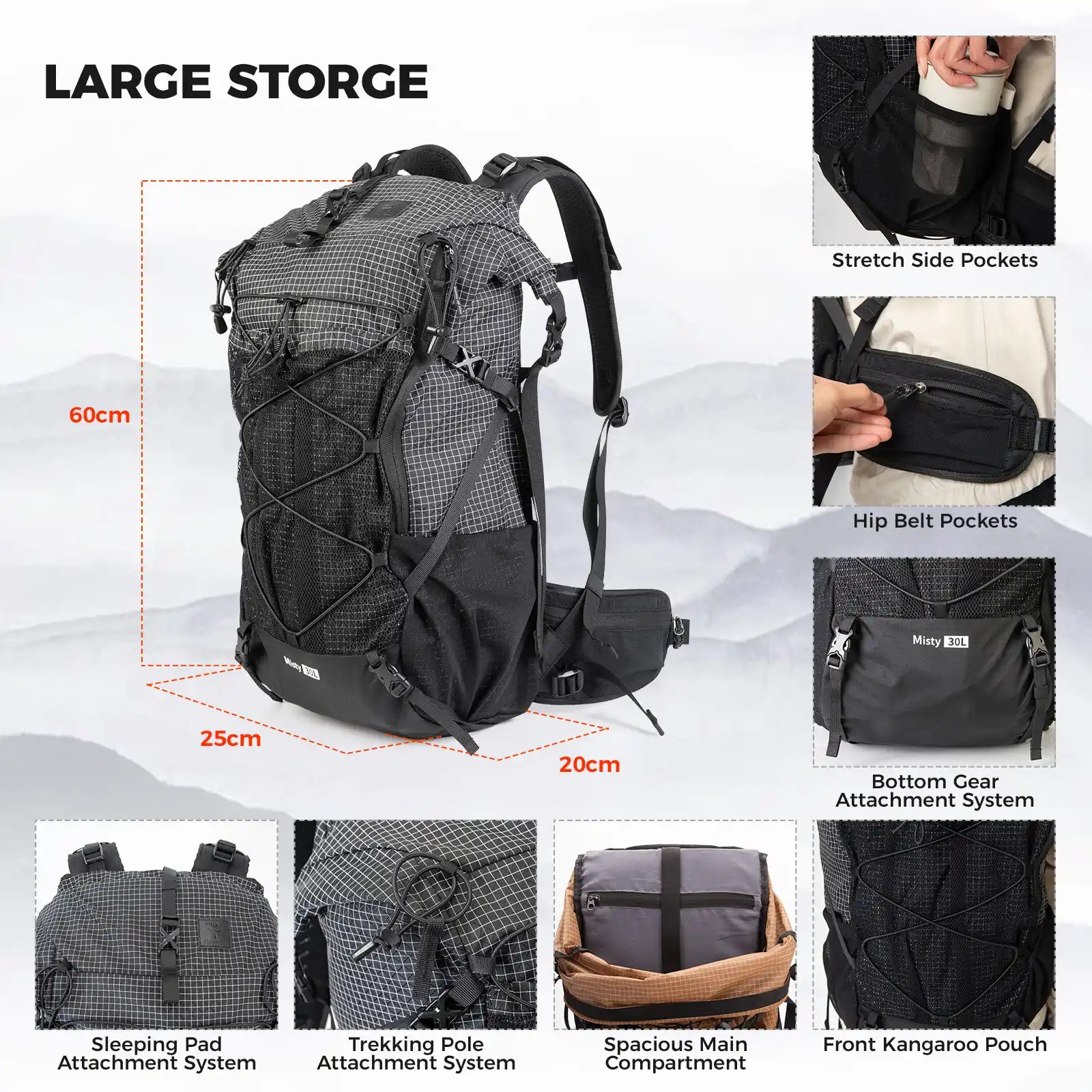 Large Capacity Lightweight Waterproof 30-35L Hiking Backpack